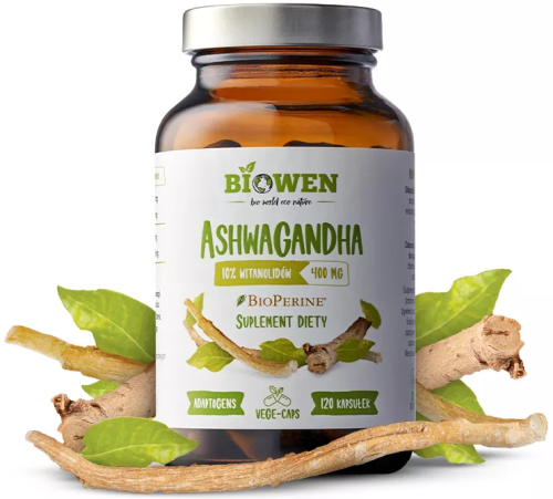 Adaptogen -  Ashwagandha (umysł, energia, sen) 400 mg - 10% witanolidów - 120 kapsułek Biowen / HempKing