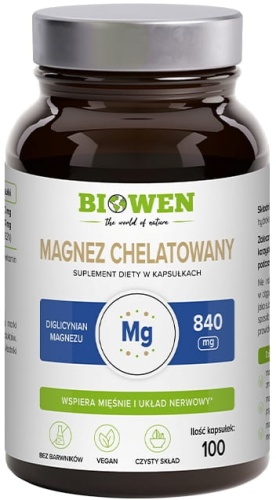 Magnez Chelatowany 840 mg (diglicynian magnezu) 100 kaps. - Biowen / HempKing