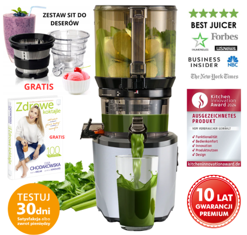 MEGA OFERTA! Wyciskarka wolnoobrotowa Kuvings AUTO 10S z zestawem sit do deserów - Kolor Srebrny