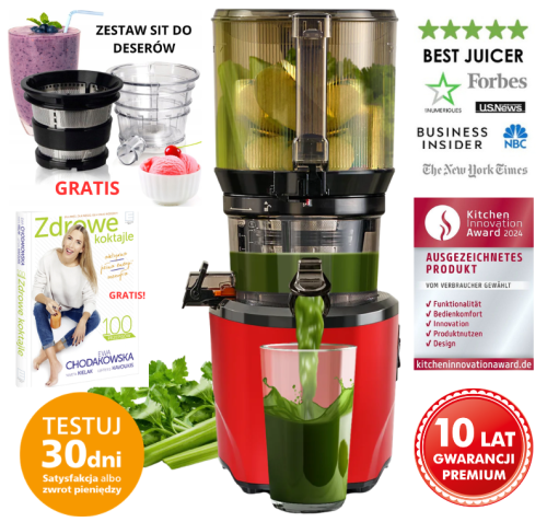 MEGA OFERTA! Wyciskarka wolnoobrotowa Kuvings AUTO 10S z zestawem sit do deserów - Kolor Czerwony